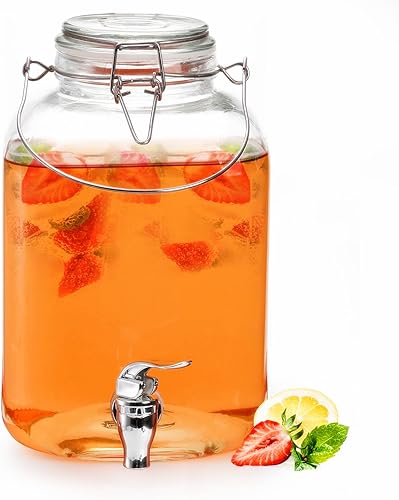 Tebery Dispensador de bebidas de vidrio de 1 galón, dispensador de detergente para ropa con espita, dispensadores cuadrados de bebidas de jugo de