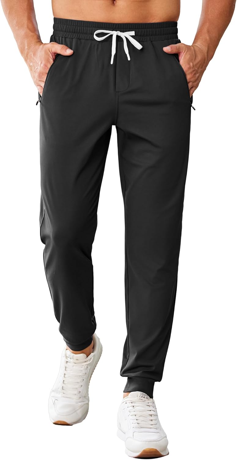 PINSPARK Men's Joggers with Zipper Pockets Stretch Lightweight Athletic Track Pants Gym Quick Dry Workout Pants for Men