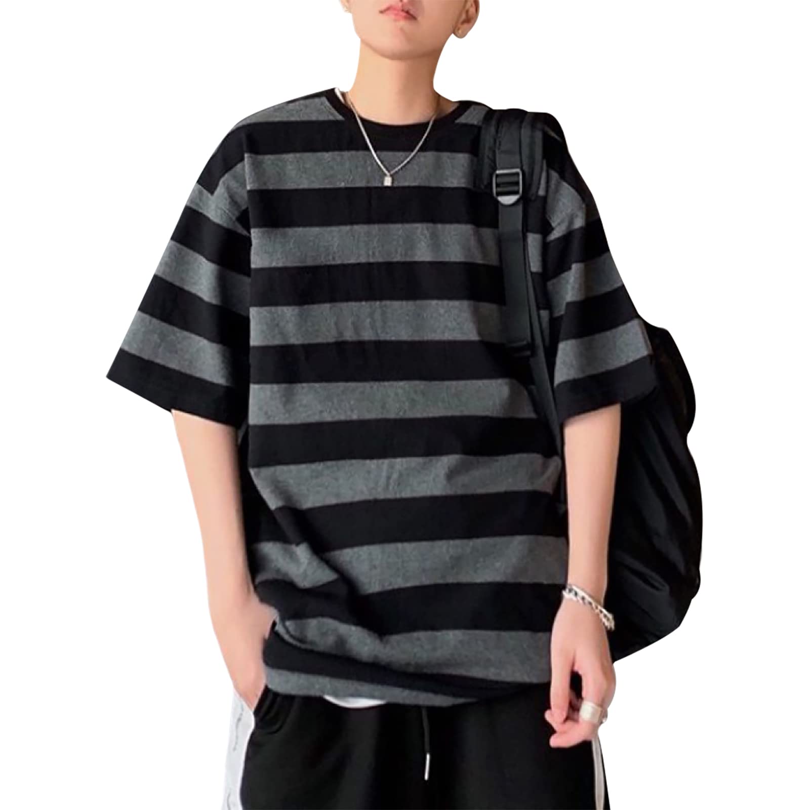 Harajuku Oversized Striped T-Shirt Long Sleeve Crew Neck Casual Matching Couple Streetwear Pullover