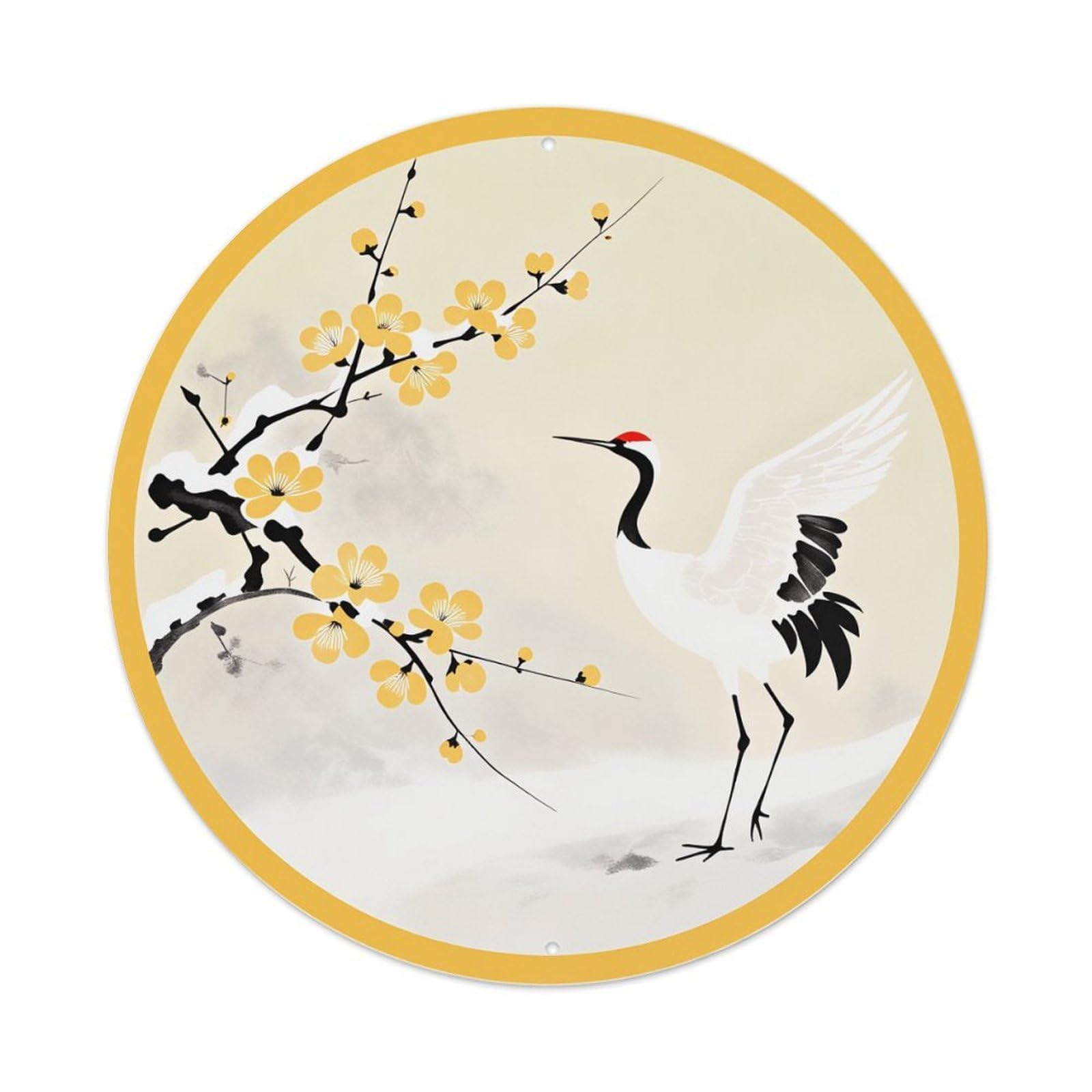 Crane Plum Blossom Winter Scene Circle Round Tin Sign Vintage Style Metal Sign Home Bar Garden Wall Plaque Decor Metal Poster 8x8 Inch