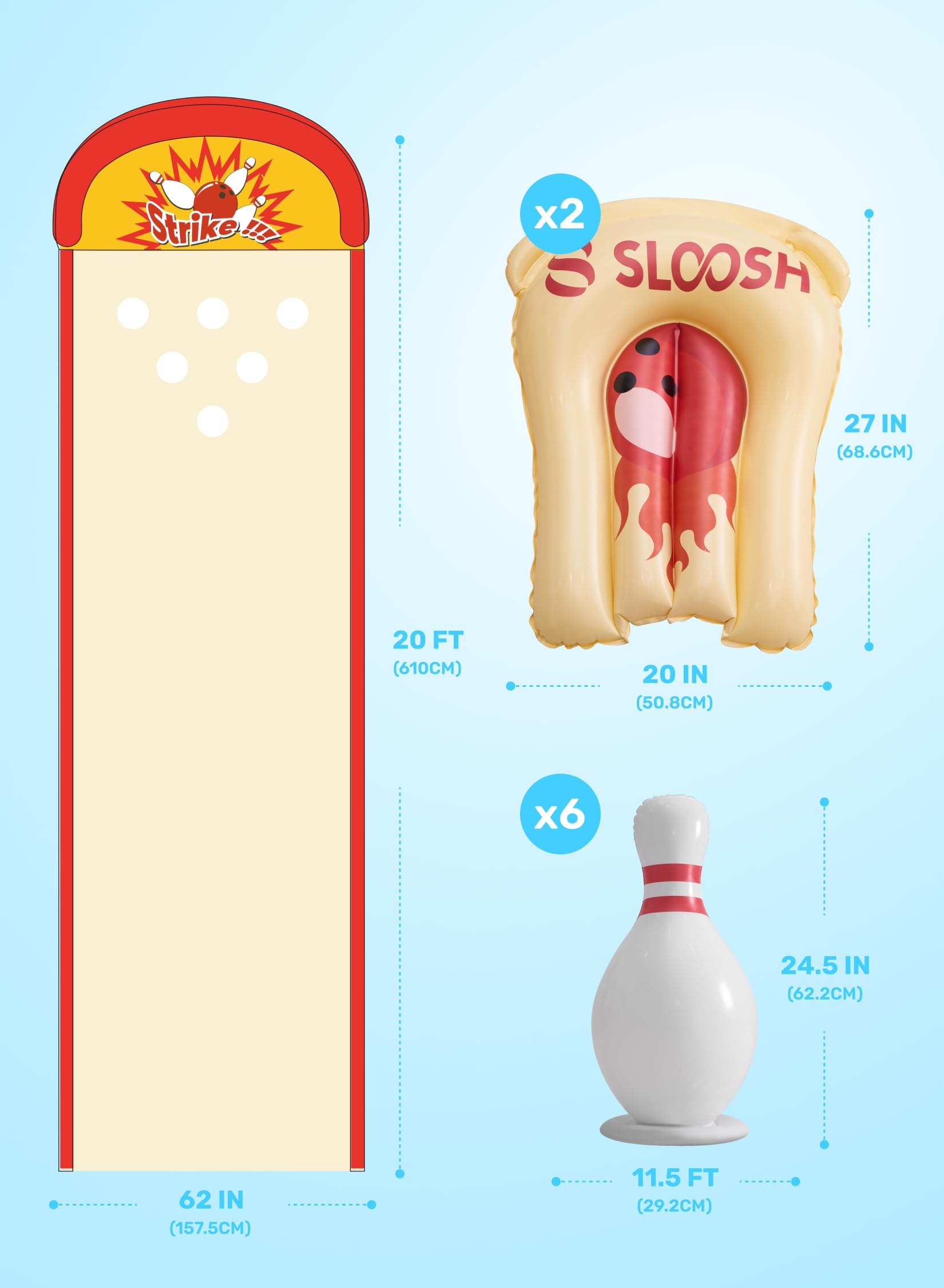 Sloosh Tobogán acuático de jardín de 6,7 m (22 pies) con Juego de Bolos inflables, Doble Carril con aspersores, tobogán para césped para divertirse al Aire Libre