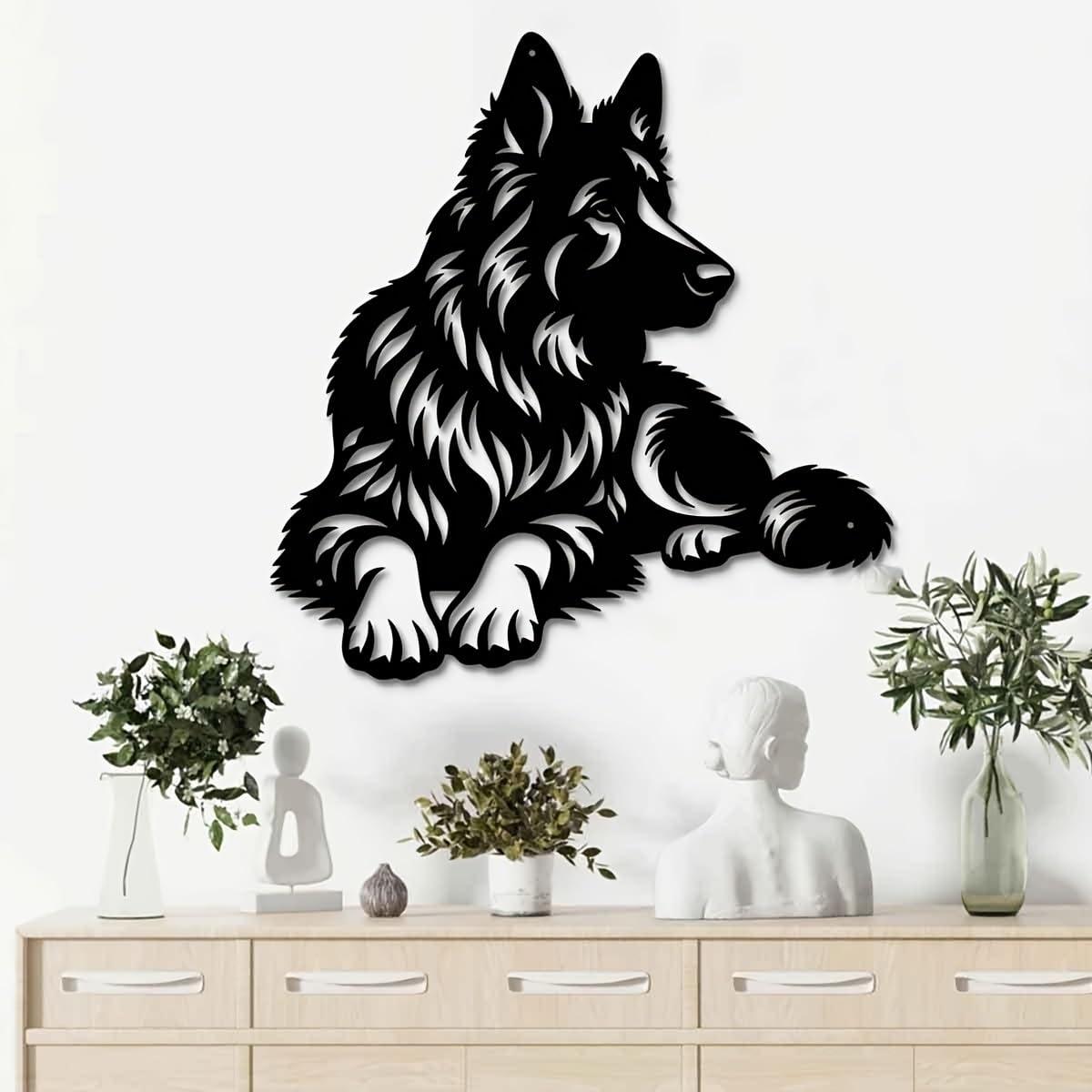 Decoración de pared abstracta contemporánea de metal con arte de pastor alemán, escultura de silueta de hierro de 40 cm, para jardín exterior y sala de estar interior, mural resistente para balcó