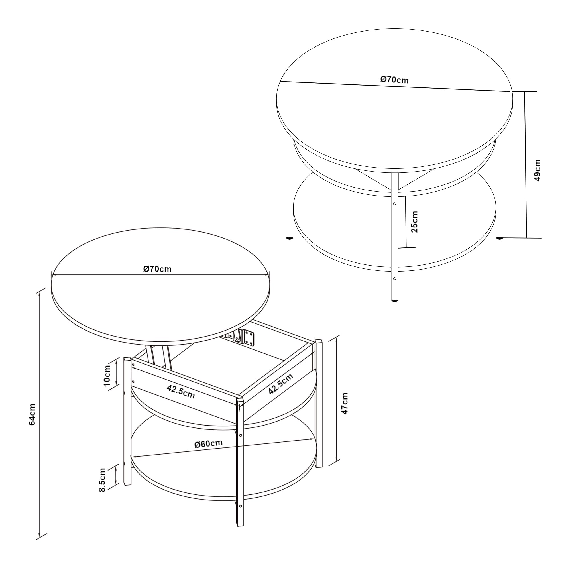 [en.casa] Couchtisch mit Hebeplatte rund Kandas Wohnzimmertisch mit Stauraum Ø70 x 49 cm Kleiner Tisch erhöhbar mit Metallgestell in Weiß
