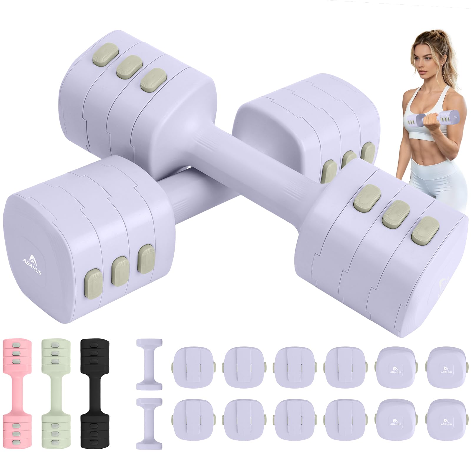 Abahub Zestaw hantli regulowanych, 2,5 kg x 2 pary, hantle fitness, pilates, damskie | 4 w 1 regulowane hantle, ciężarki do siłowni, hantle do codziennego treningu, hantle z szybką regulacją wagi, lila