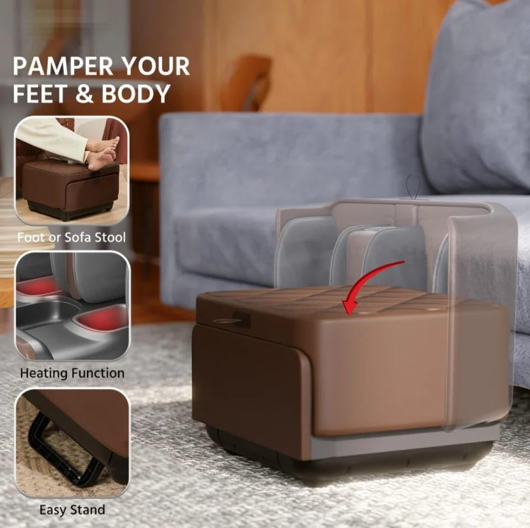 Moulik Lifelong 2 these 1 foot and leg massage machine and foldable otoman comfort for home - pain relief for the feet - heat + rolling, kneading, shotsu, vibration and wind compression - massage ankle and calf, also brown
