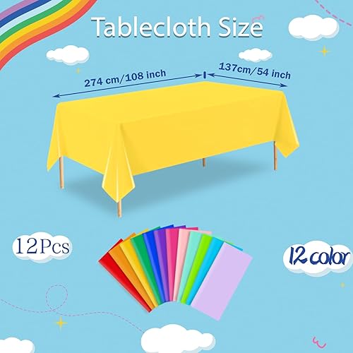 Miniatura 2 de Paquete de 12 manteles de plástico desechables de colores surtidos, 54 x 108 pulgadas, mantel rectangular colorido para fiesta temática de arco