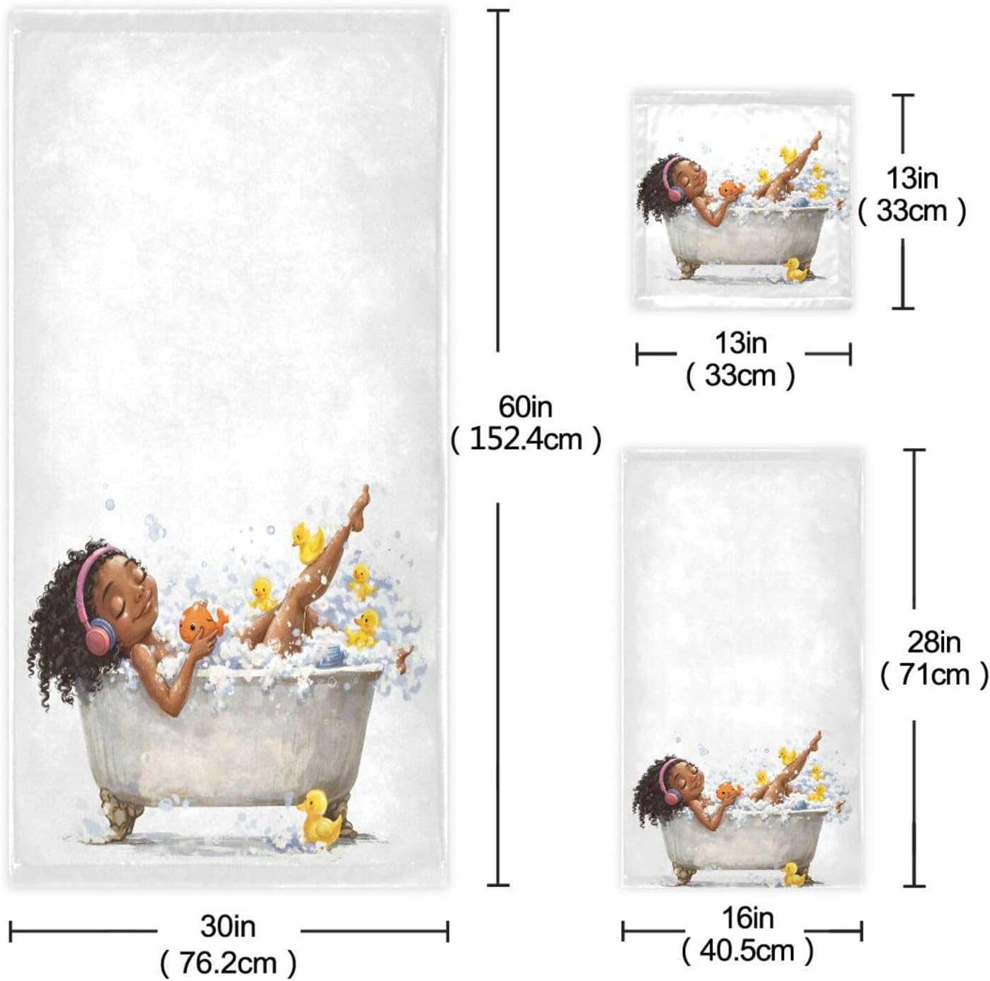 ALAZA Towel Bathroom Sets, African Girl On Bath with Music Yellow Duck Towels 3-Piece 1 Bath Towel 1 Washcloth 1 Hand Towel, Bath Towel Set of 3 Soft Multifuntion for Home Kitchen Hotel Gym Swim Spa