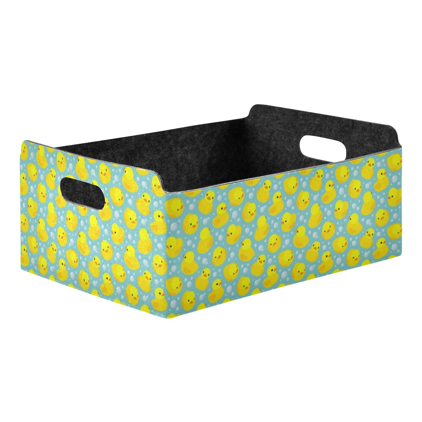 Seamless Pattern with Yellow Rubber Ducks Bubbles Collapsible Felt Cloth Storage Box, Rectangular Desk Organizer Basket Bin, Detachable Laundry Hamper Plate Counter Holder Box