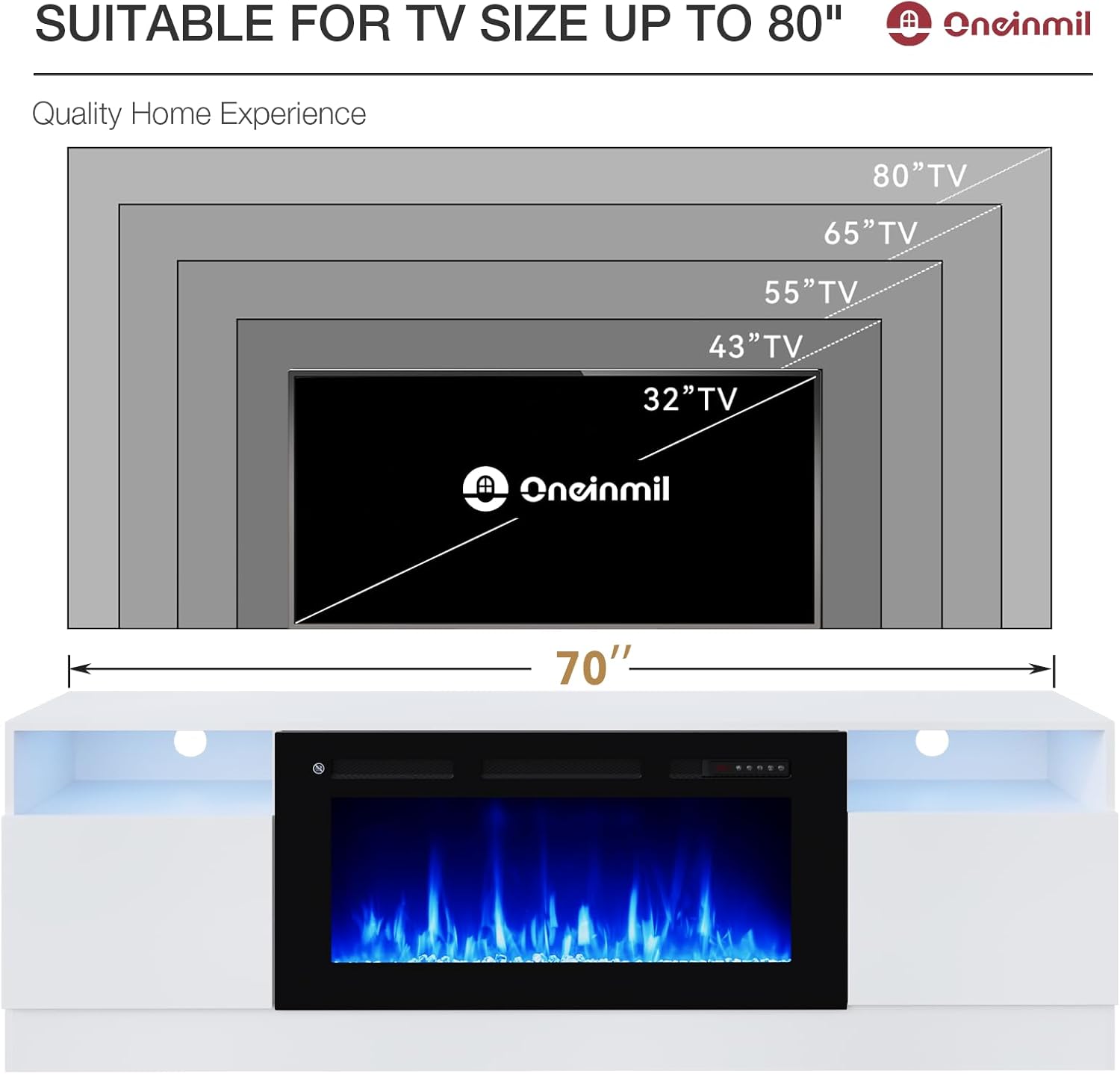 oneinmil 70" TV Stand with 36" Electric Fireplace, Large Modern Media Entertainment Center with Storage Cabinet and 12 Colors LED Lights for TVs Up to 80", White and Black