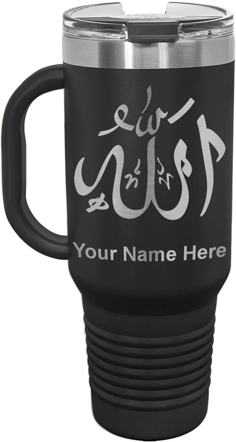 LaserGram 40oz Vacuum Insulated Travel Mug with Handle, Allah 1, Personalized Engraving Included (Black)