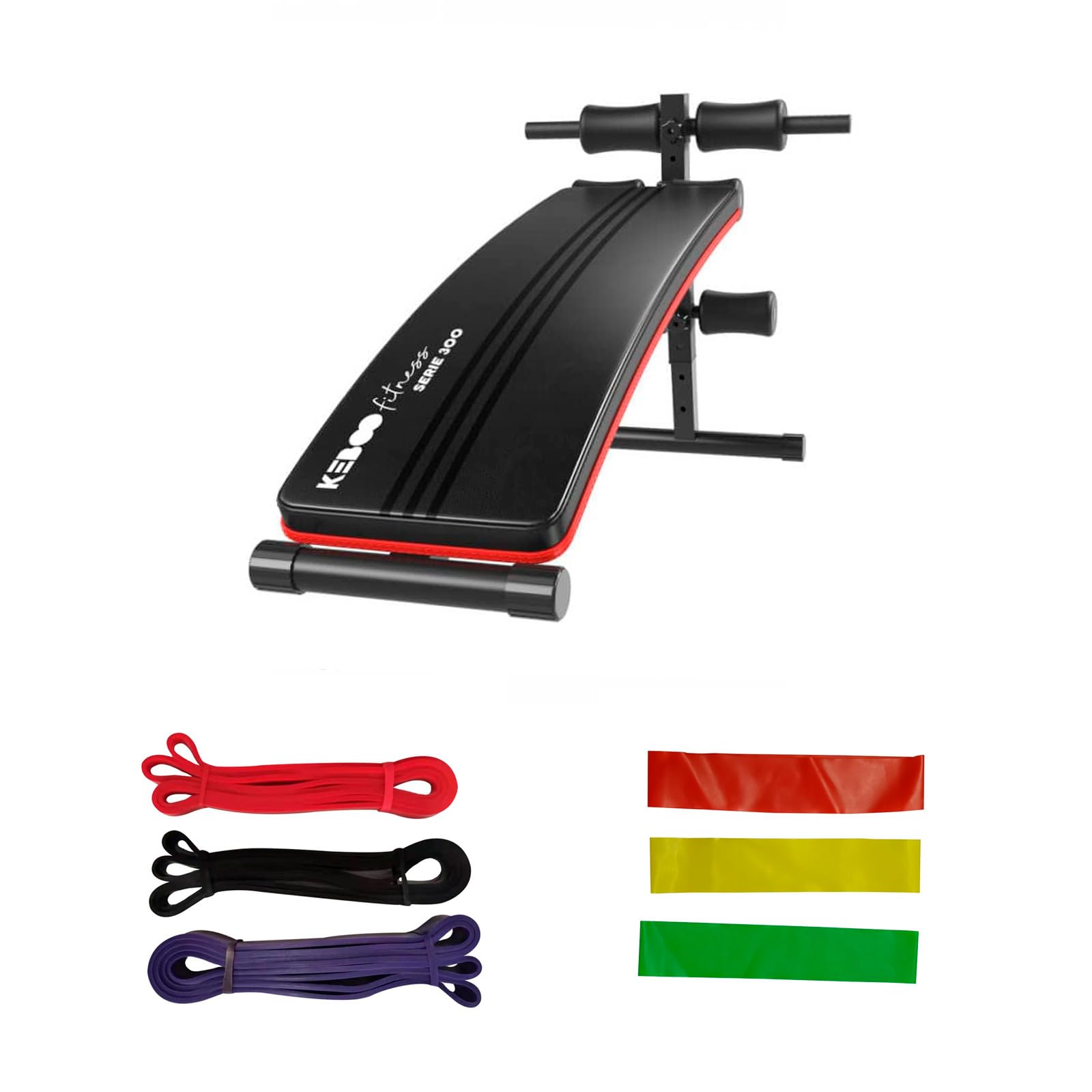 Keboo Pack Banco de Musculación Fitness Serie 300 145x47x70 cm y 6 Bandas Elásticas para Diferentes Niveles de Entrenamiento