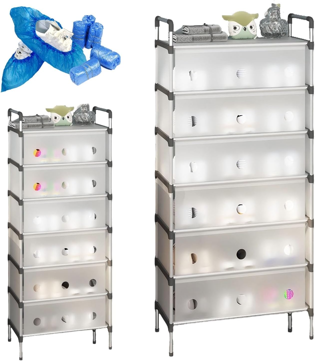 Shoe Rack, 3-7 Tier Reversible Shoes Storage Cabinet with Plastic Doors and 50 Disposable Shoe Covers, Metal Storage Organizer Shelf for Entryway Hallway, Easy to Build(White,50 cm/19.69 in(5-Tier))
