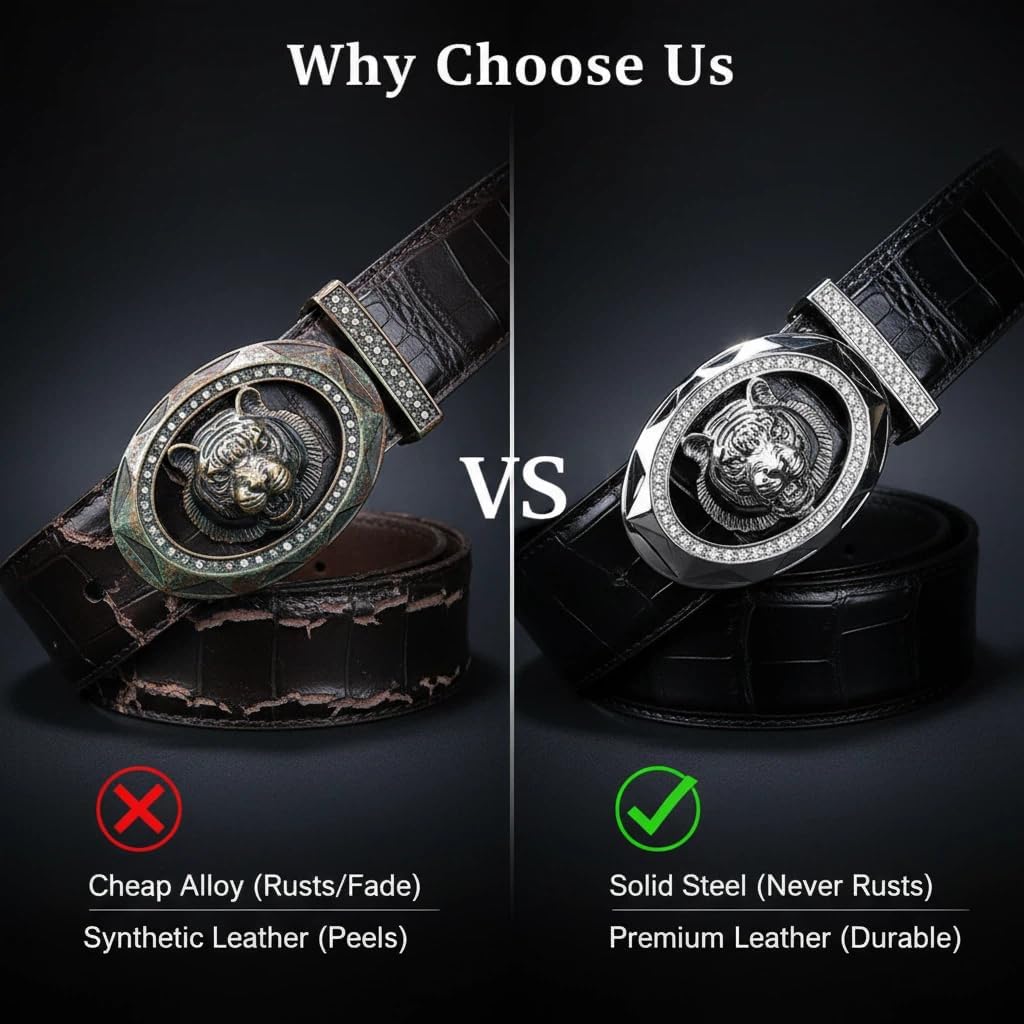 Men's Genuine Crocodile Leather Belt Handmade Alligator Skin Dress Belt Hand-Inlaid Steel Tiger Head Buckle Luxury Belt