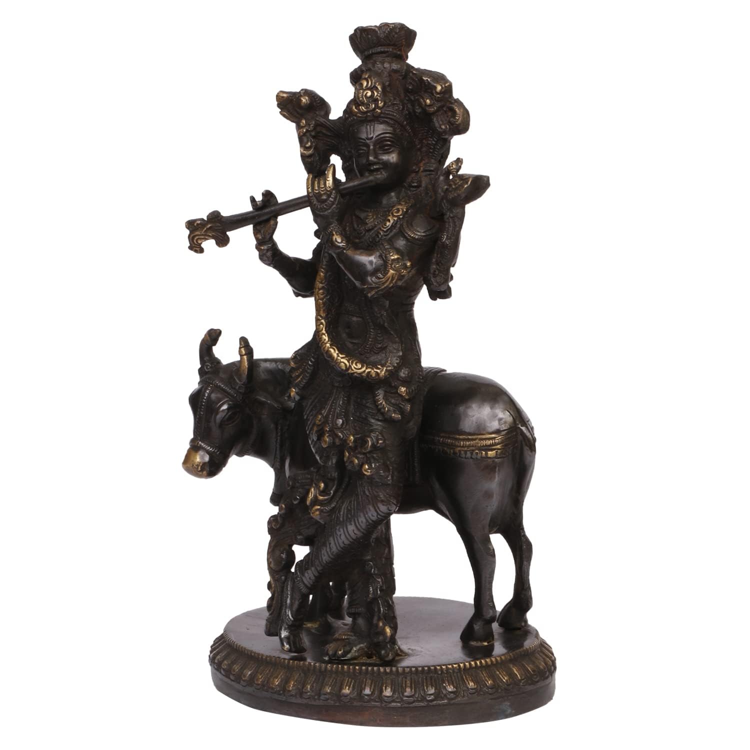 Krishna en laiton avec vache debout jouant de la flûte Statue Mandir Puja Bureau Décoration d'intérieur Cadeau 25,4 cm