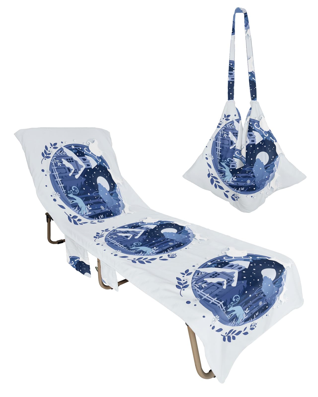 Christmas Beach Lounge Chair Towel Cover, Soft Chaise Lounge Towel with Side Pockets Patio Pool Chairs Cover for Beach/Pool Sunbathing 29x85 Blue Xmas Botanical Winter Snowflake Elk