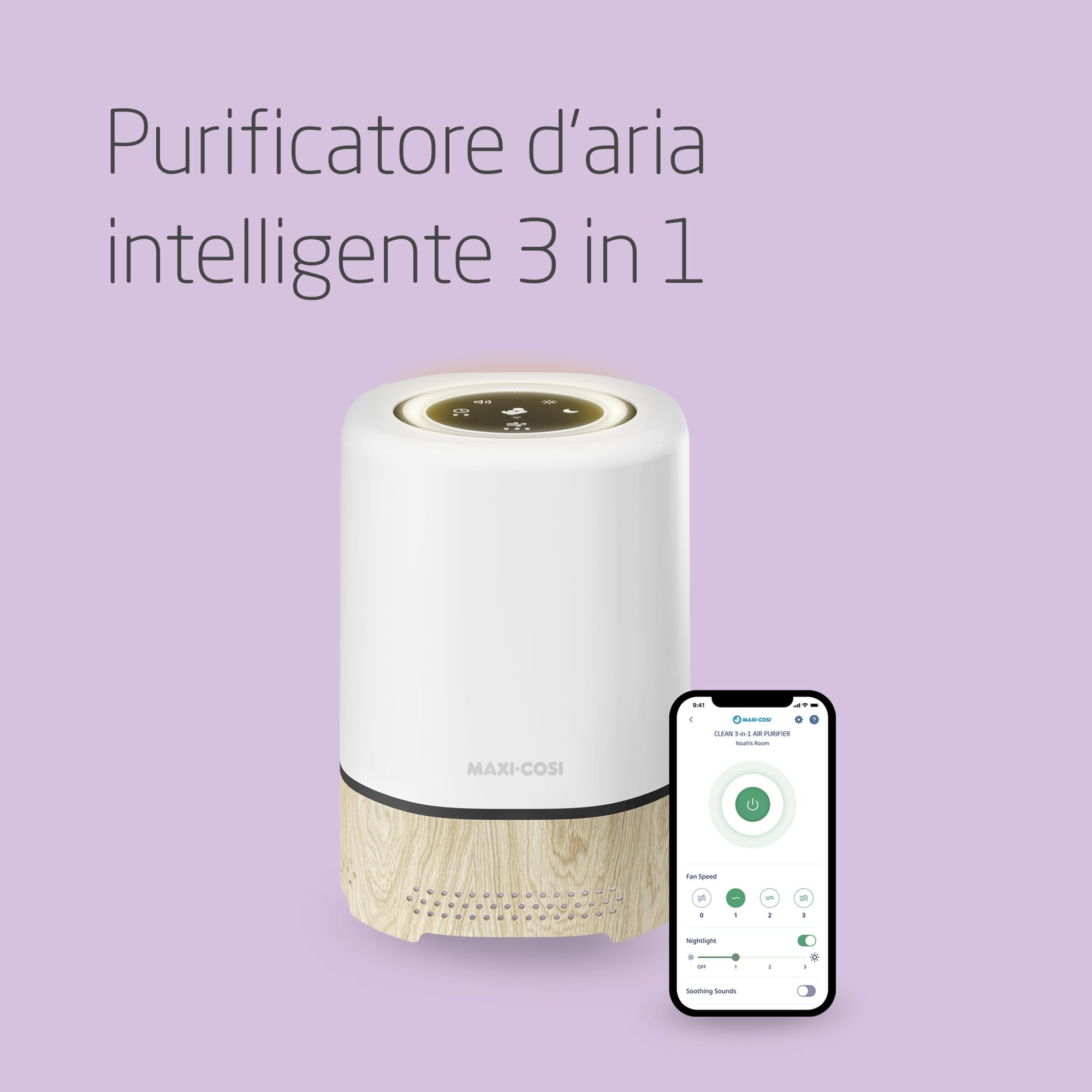 Maxi-Cosi Clean Purificatore d'Aria HEPA, Depuratore aria con filtri HEPA 13, Rimuove il 99,97% di pollini, allergie e polvere, Wi-Fi, Timer e Luce Notturna, Compatibile con Alexa e Google Assistant