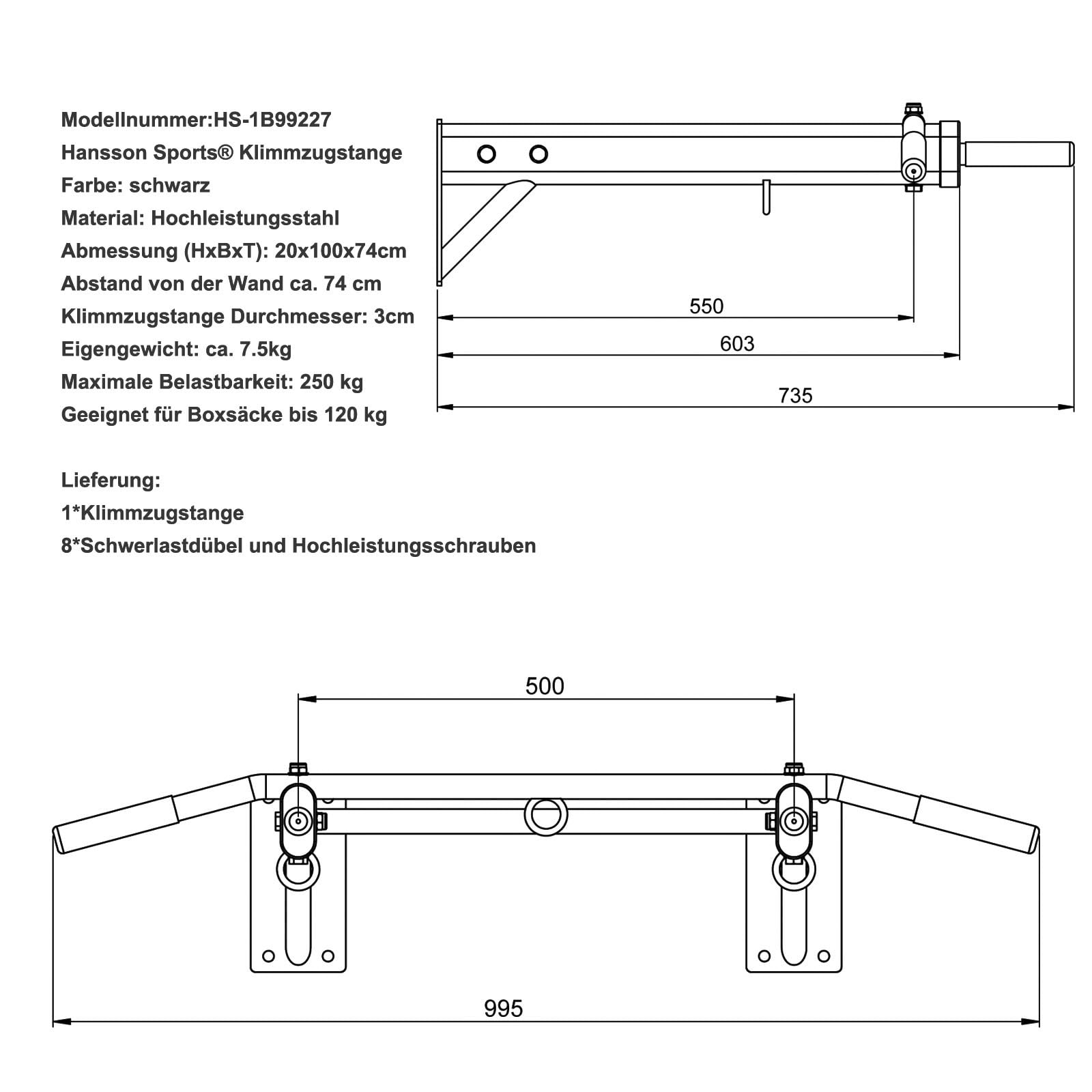 Hansson Sports® Barra per trazioni, montaggio a parete, portata fino a 350 kg, 3 occhielli per sacco da boxe, trx o imbracatura, tasselli pesanti e viti per il montaggio