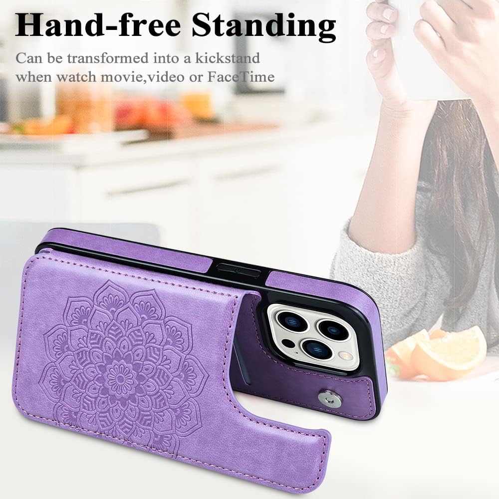 MMHUO for iPhone 14 Pro Case with Card Holder,Flower Magnetic Buttons Protective Wallet Case for Women for iPhone 14 Pro,Purple - Image 4