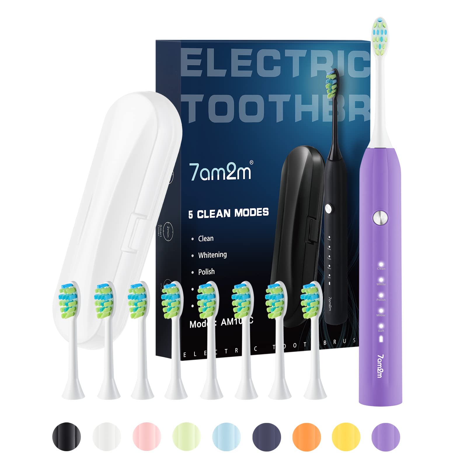 7AM2M Electric Toothbrush for Adults, Sonic Toothbrush with 8 DuPont Brush Heads, Travel Case, Rechargeable, 2-Minute Timer, Purple