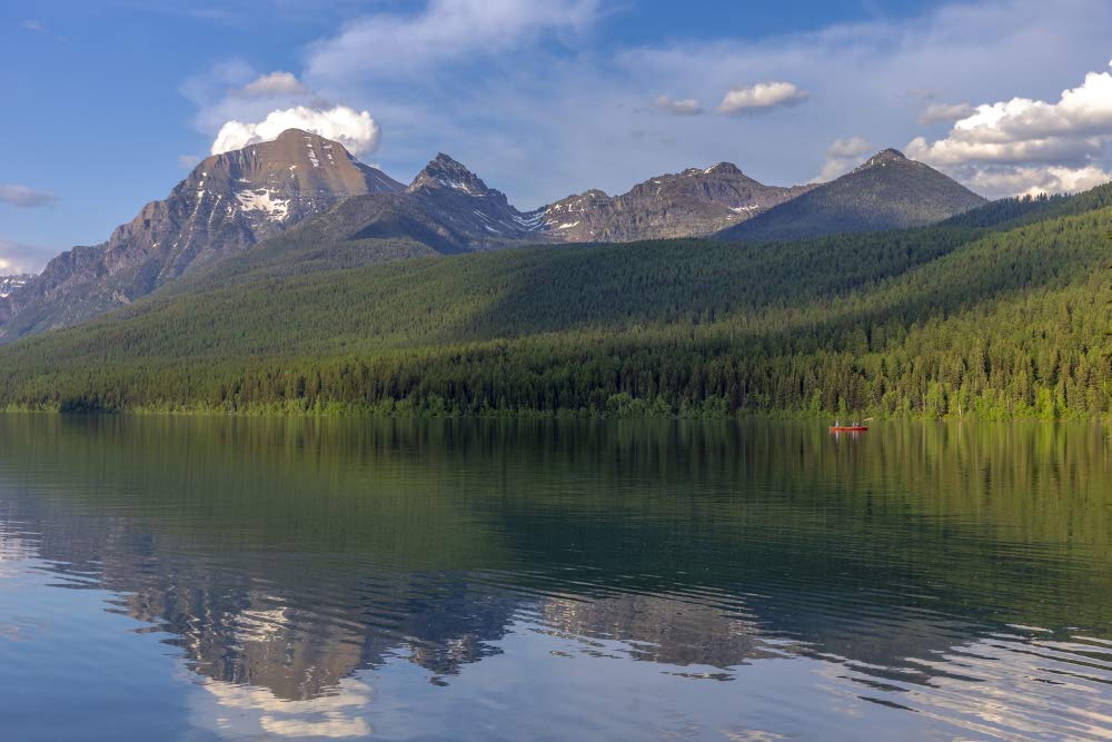 Fishing from a red canoe on the calm waters of Bowman Lake in Glacier National Park, Montana, USA Poster Print by Chuck Haney (24 x 36)