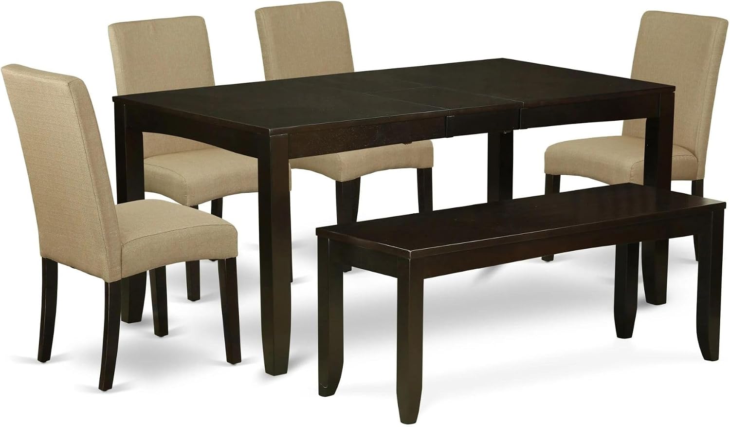 East West Furniture LYDR6-CAP-03 6 Piece Dining Set Contains a Rectangle Dining Room Table with Butterfly Leaf and 4 Brown Linen Fabric Padded Chairs with a Bench, 36x66 Inch, Cappuccino