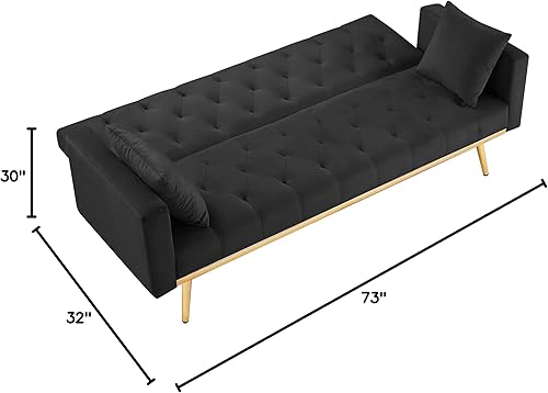 Miniatura 95 de Moderno sofá biplaza de terciopelo de 59 pulgadas con 2 bolsillos, sofá cama convertible tapizado con respaldo múltiple ajustable, sofá futón con