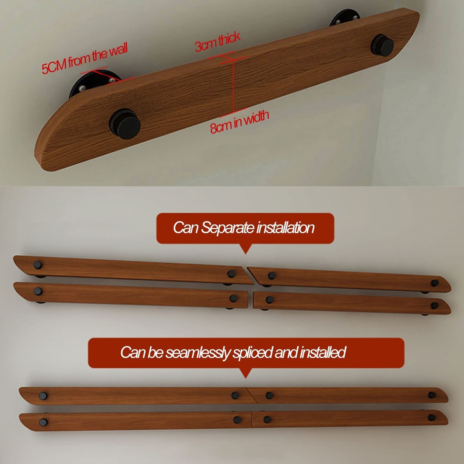 Square Stairs Handrail - 1m/3.3ft Indoor Outdoor Black Safety Rail, Wall-Mounted Support Bar For Home & Corridors