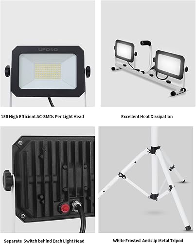 Miniatura 5 de Luz de trabajo LED UFOND de 10000 lúmenes con soporte, luces de trabajo de doble cabeza impermeables desmontables, proyector con interruptor