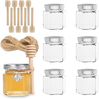 1.5oz 6Pack Mini Glass Hexagon Jars Sliver Lids, Honeybee Pendant, Honey Dipper Sticks, Jute Tag String, Wedding Favors, Baby Food, Candle, Crafts Canning Glasses Jar