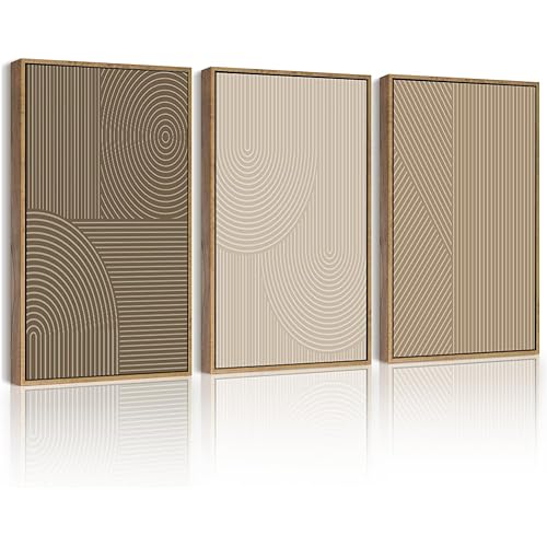 PHOPAGO Boho Mid-Century Modern Framed Wall Art Minimalist Abstract Neutral Line Wall Decor Bohemain Geometric Artwork Kitchen Hallway - 11x14in Natural Framed