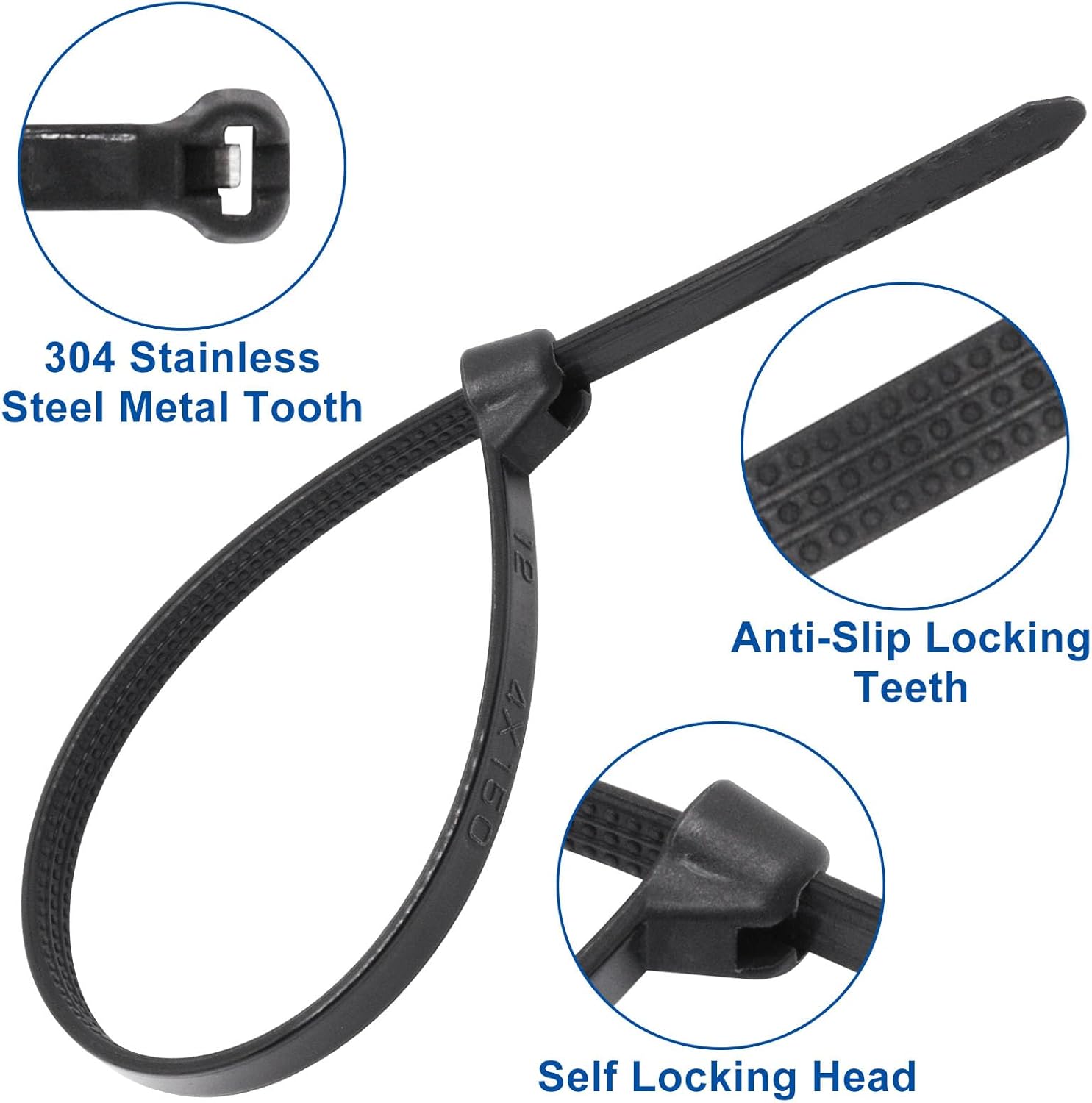 100pcs Push Mount Zip Ties, 6" Cable Zip Tie with Stainless Steel Metal Tooth Locking Device, Self Locking Straps Heavy Duty Nylon Zip Tie Clips for Industry, Auto, Construction, Electronic