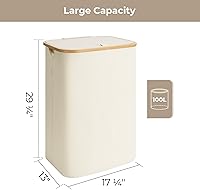 Vista 2 de StorageWorks Cesta de lavandería grande de 100 L con tapa, cesta de lavandería alta con asas de bambú y 1 bolsa interior extraíble, cesta de Beige