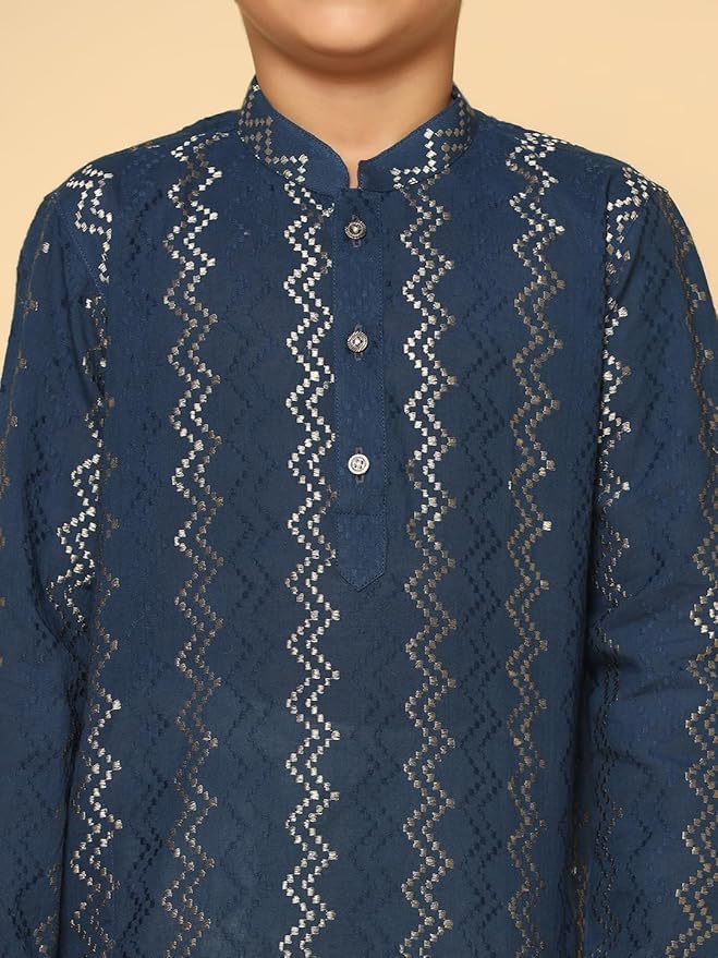 Image of KISAH Boy's Navy Blue Embroidered Cotton Kurta with Mirror Work - Full Sleeves, Knee Length, Regular Fit | Traditional Indian Festive Wear