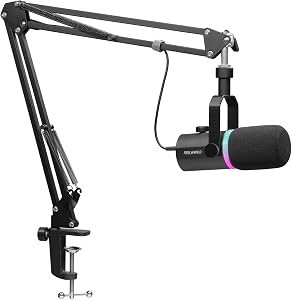 FEELWORLD PM1 XLR USB Dynamic Microphone with Boom Arm Stand for Podcast Recording PC Computer Gaming Live Streaming Vocal Voice-Over, Studio Metal Mic, RGB Light, Mute Button, Headphones Jack
