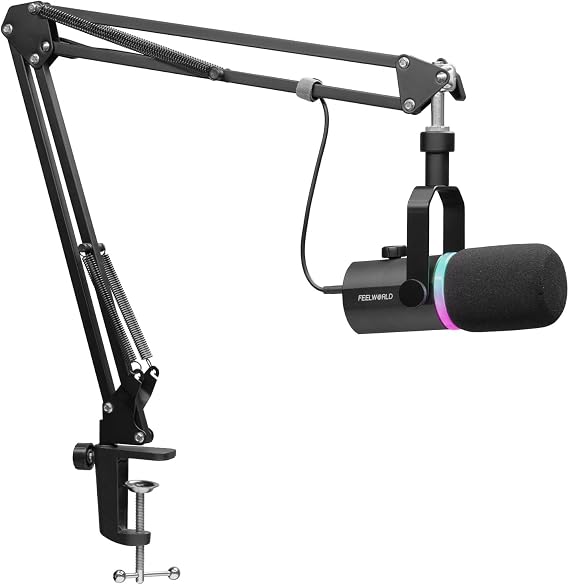 FEELWORLD PM1 XLR USB Dynamic Microphone with Boom Arm Stand Gifts for Podcast Recording PC Computer Gaming Live Streaming Vocal Voice-Over, Studio Metal Mic, RGB Light, Mute Button, Headphones Jack