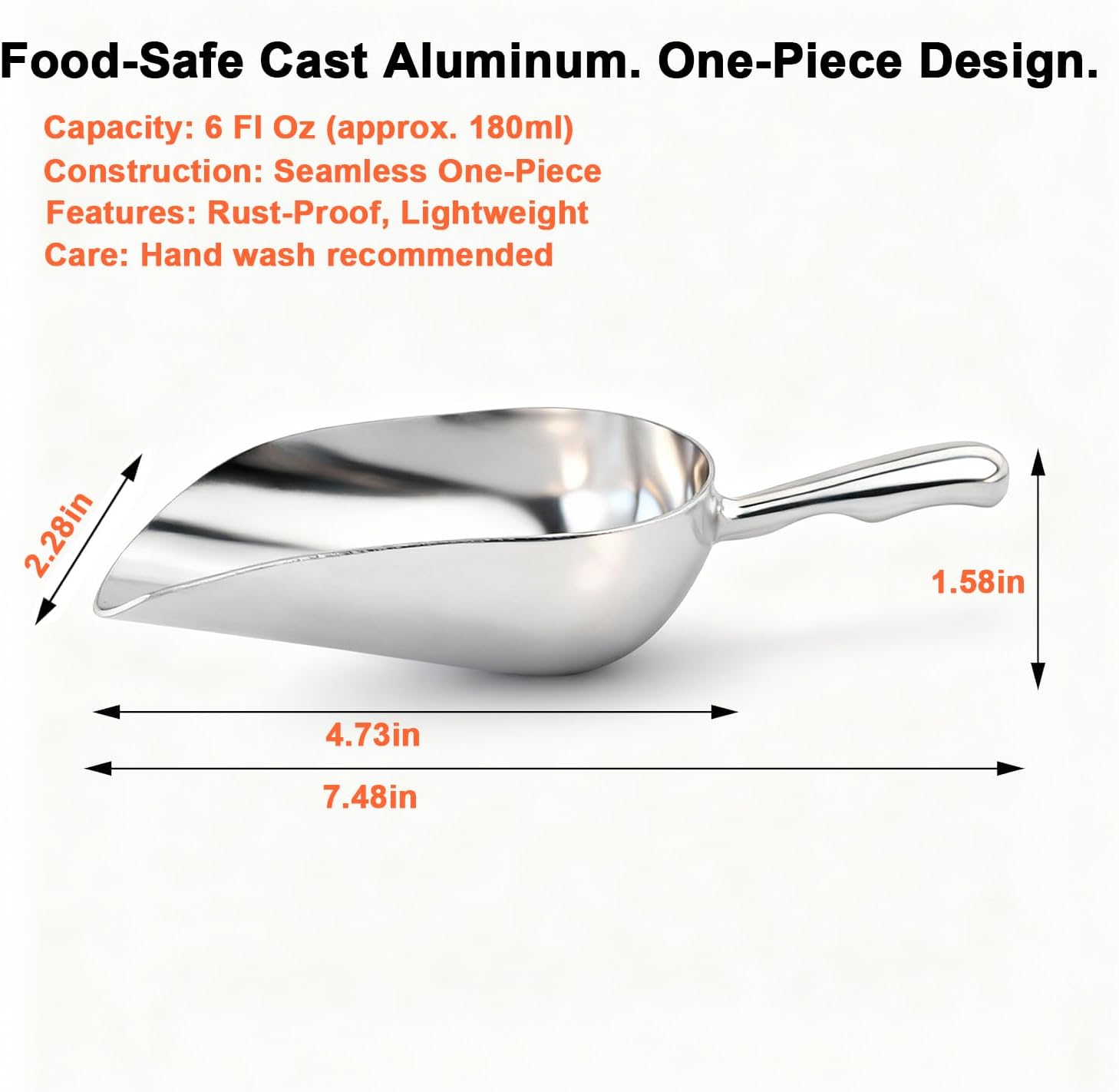 6 OZ Cast Aluminum Utility Scoop, One-Piece Solid Ice Scoop for Ice Bucket, Bar, Kitchen, Multipurpose Food Scooper for Flour, Sugar, Popcorn, Dog Food (Silver) (6OZ) image 2