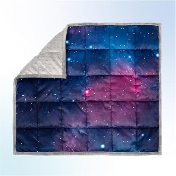 Solfres 5lbs Small Weighted Lap Pad Blanket Throw for Kids Boys Teens 20in x 23in - Sleep Therapy Plush Travel Size with Glass Beads, Blue Pink Galaxy Space Stars