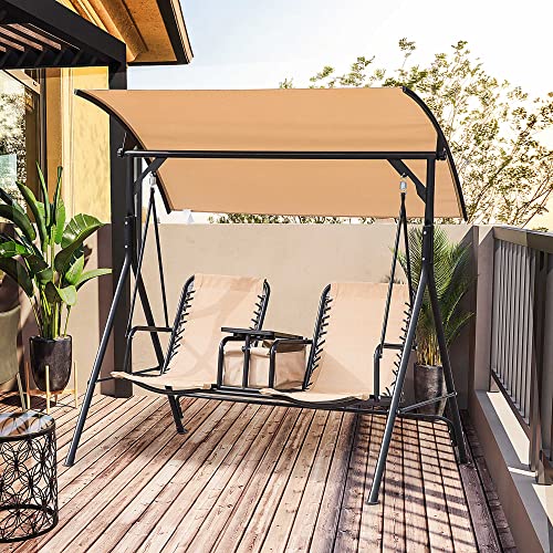 Outsunny 2-Seat Patio Swing Chair, Outdoor Canopy Swing Glider With Pivot Storage Table, Cup Holder, Adjustable Shade, Bungie Seat Suspension And Weather Resistant Steel Frame, Beige #TOP1