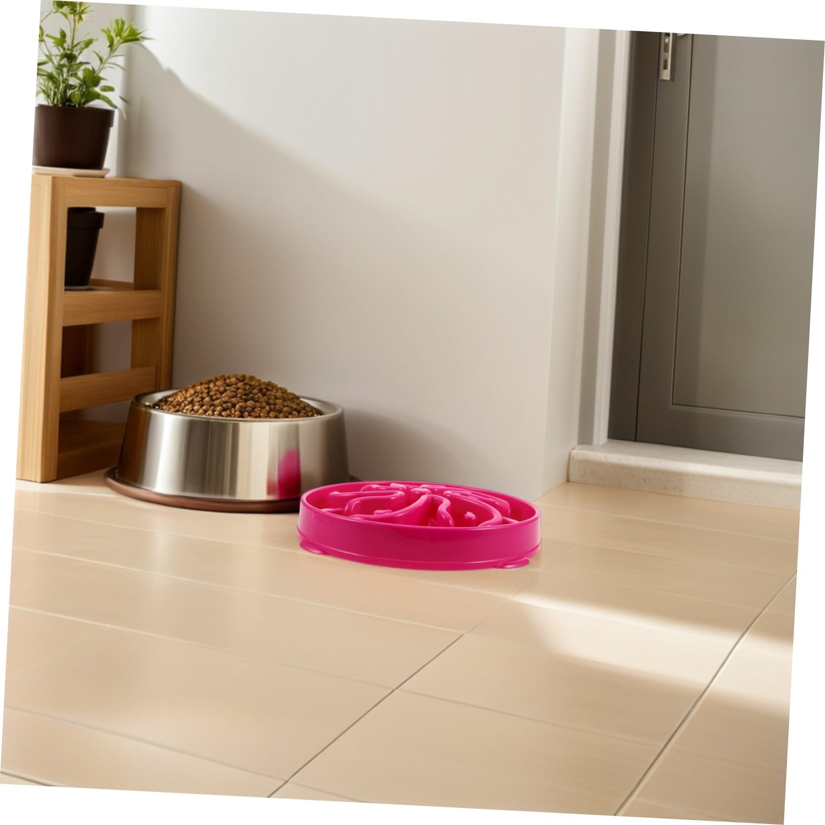 Comedero Lento para Perros y Gatos de Gran Capacidad, Cuenco Plástico Diseño Antiatragantamiento en Forma de Flor, Tazón Antipánico Rosa Fucsia para Alimentación Saludable y Lenta