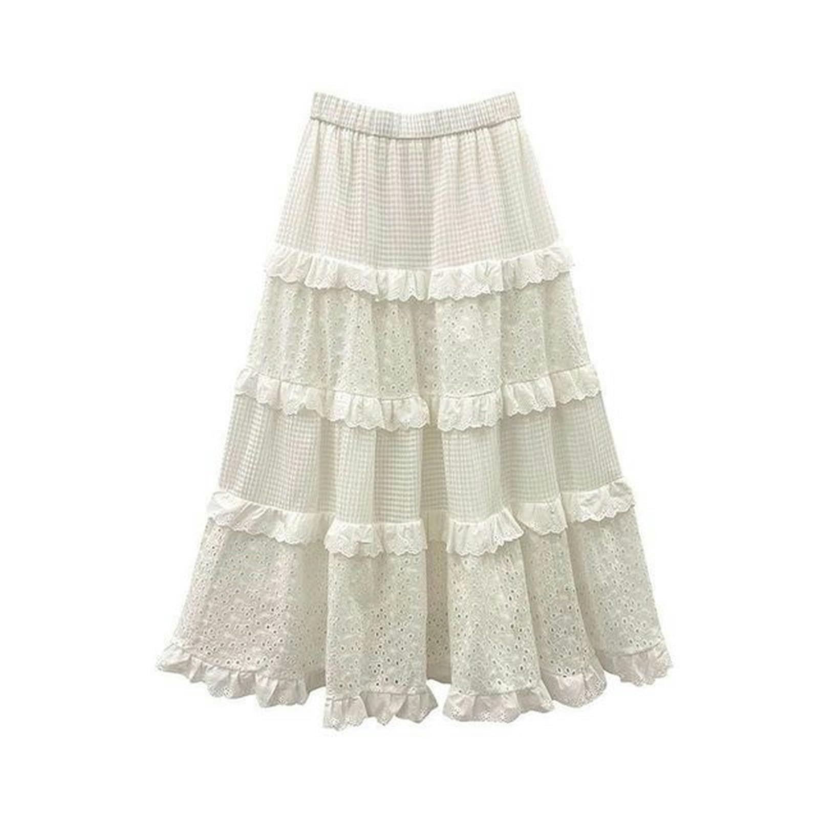 スカート girly lace frill long skirt (white) Women's Y2K Boho Ruffle Lace White Maxi Skirt Tiered Long