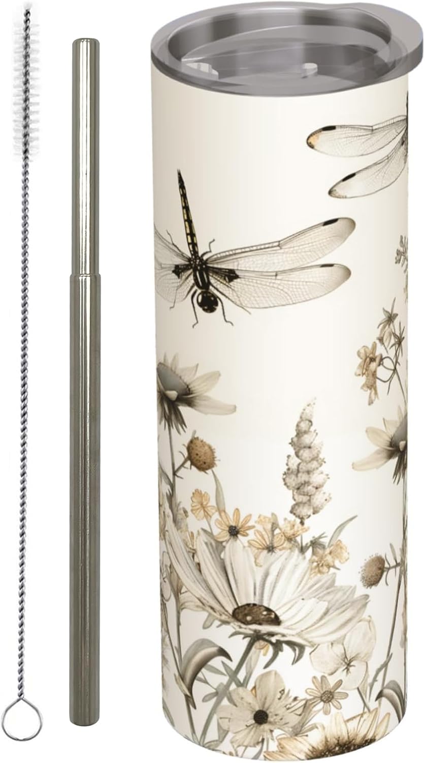 Dragonfly and Wildflower Stainless Steel Insulated Tumbler with Lid – 20oz Vintage Botanical Travel Mug,Reusable Metal Straw & Brush,Double-Wall Vacuum Bottle Cup for Hot and Cold Drinks,Gifts