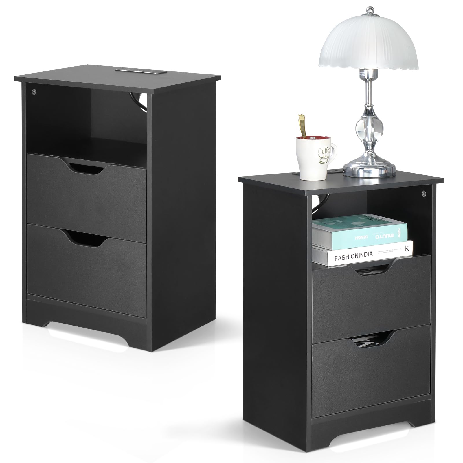 Bonnlo Bedside Table with Type-C, USB Port and 2 Sockets, Bedside Cabinet with Charging Station and 2 Drawers & Top Open Compartment, Smart Nightstand for Bedroom, Living Room, Office (2, Black) — image 1