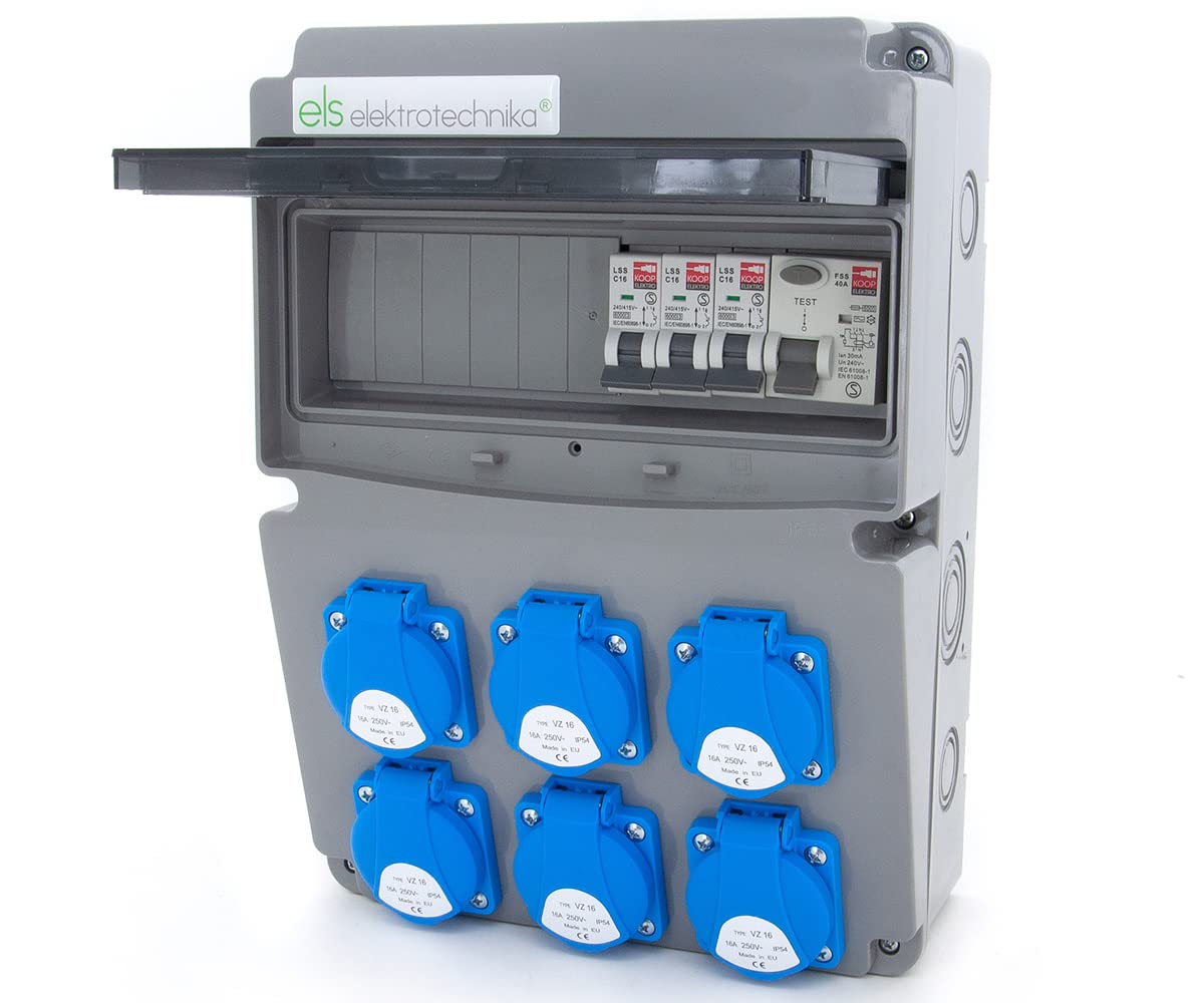 ELS Elektrotechnika Distributore di corrente da parete, 6 x 230 V, Schuko 40 A e interruttore di protezione del cavo 3 x C16 A. Distributore di corrente per interni ed esterni, officine e fabbriche.