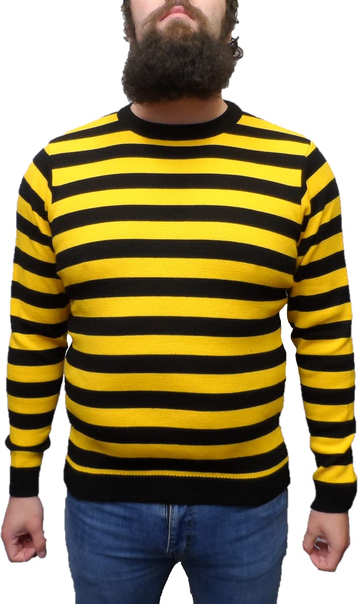 Mazeys Mens Retro Striped Crew Neck Long Sleeve Jumper (Yellow/Black) Size Large