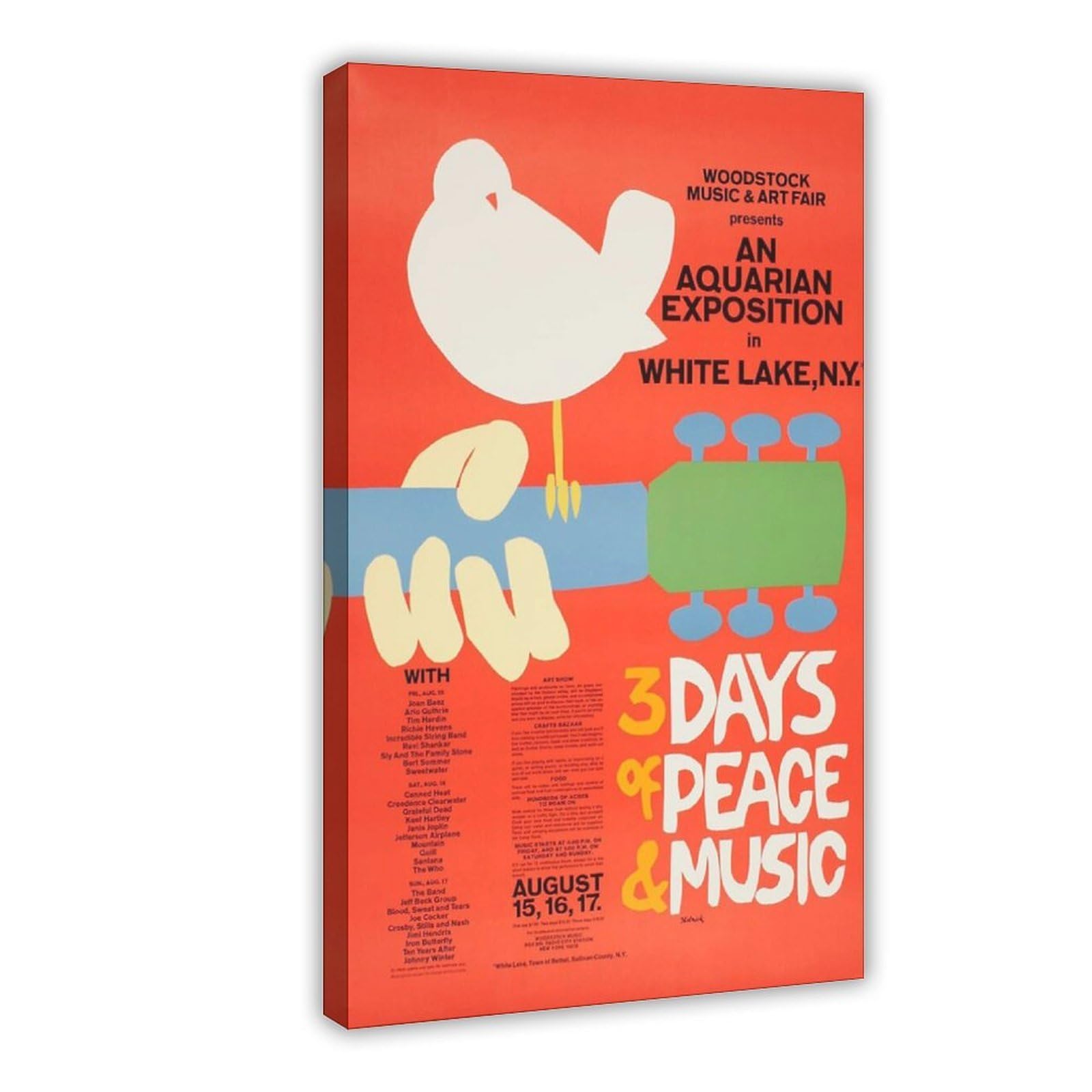 Woodstock 1969 Poster vintage su tela per festival musicali, decorazione artistica da parete, dipinti per soggiorno e camera da letto, cornice decorativa: 40,6 cm di lunghezza x 61 cm di larghezza