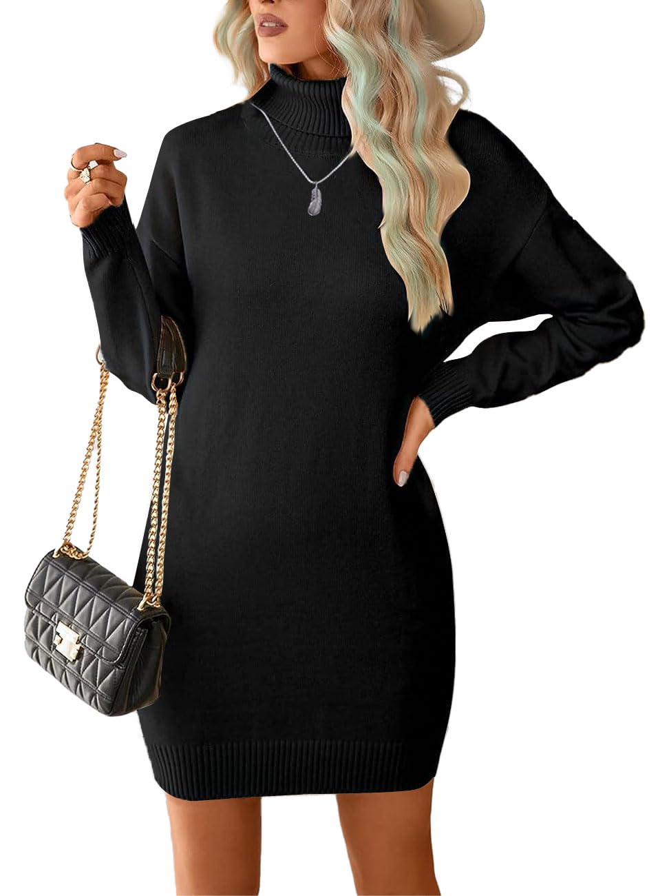 JFAN Vestito Donna Invernale a Collo Alto in Maglia Abito Maglione Donna Vestiti Casual Elegante Lungo