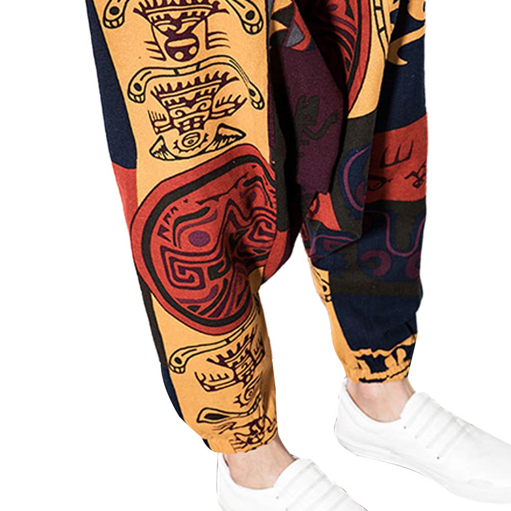 Pantalon sarouel hip-hop ample en lin pour homme - Pantalon de yoga Aladdin bohème - Pantalon bouffant - Entrejambe profond - Imprimé rétro - Pantalon avec poches