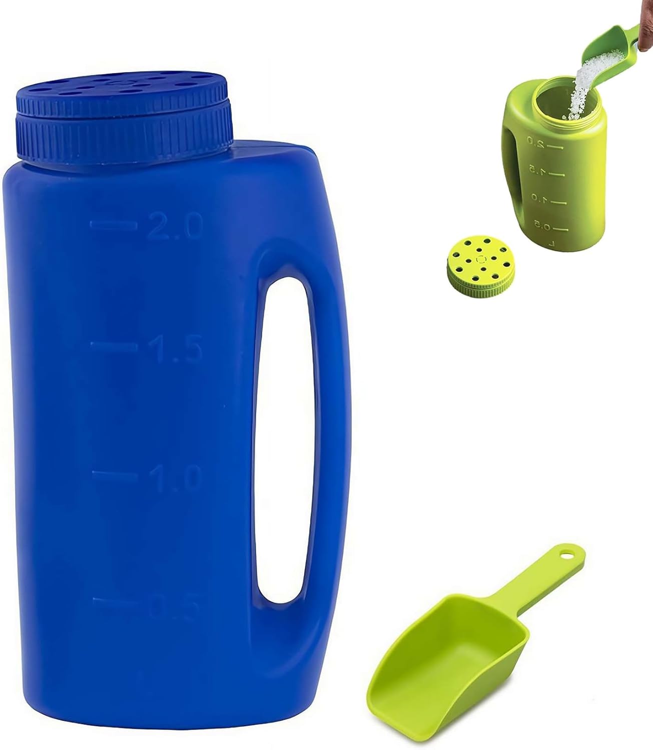 Handheld Grass Seed Spreader – 2L Ice Melt Spreader with Scoop, Fertilizer Spreader Handheld, Ice Melt Spreader with Capacity Scale, Salt Spreader for Garden Lawn Grass Planting (Blue)