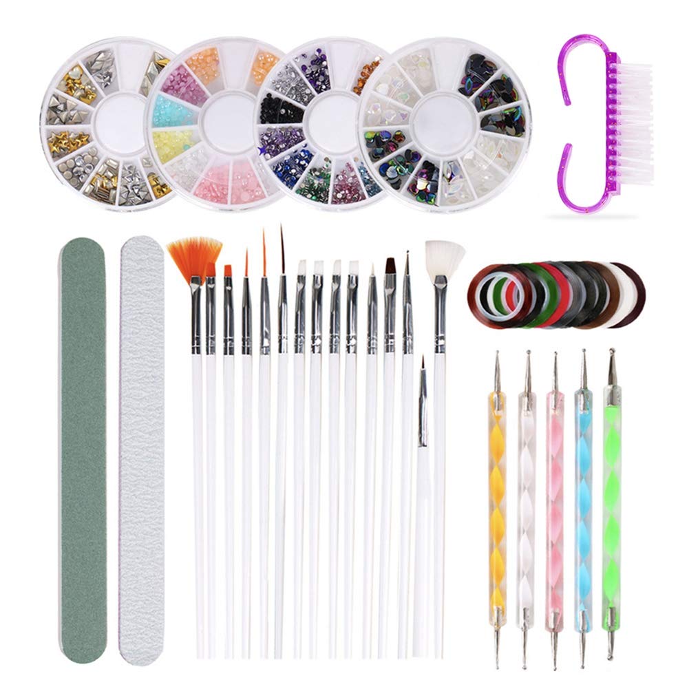 37 PCS Nail Art Painting Polishing Design Kit 15pcs Nail Brushes + 10pcs Striping Tape + 4 Boxes Rhinestones + 5pcs Pens + 1 Nail File + 1 Polishing Bar +1 Cleaning Brush