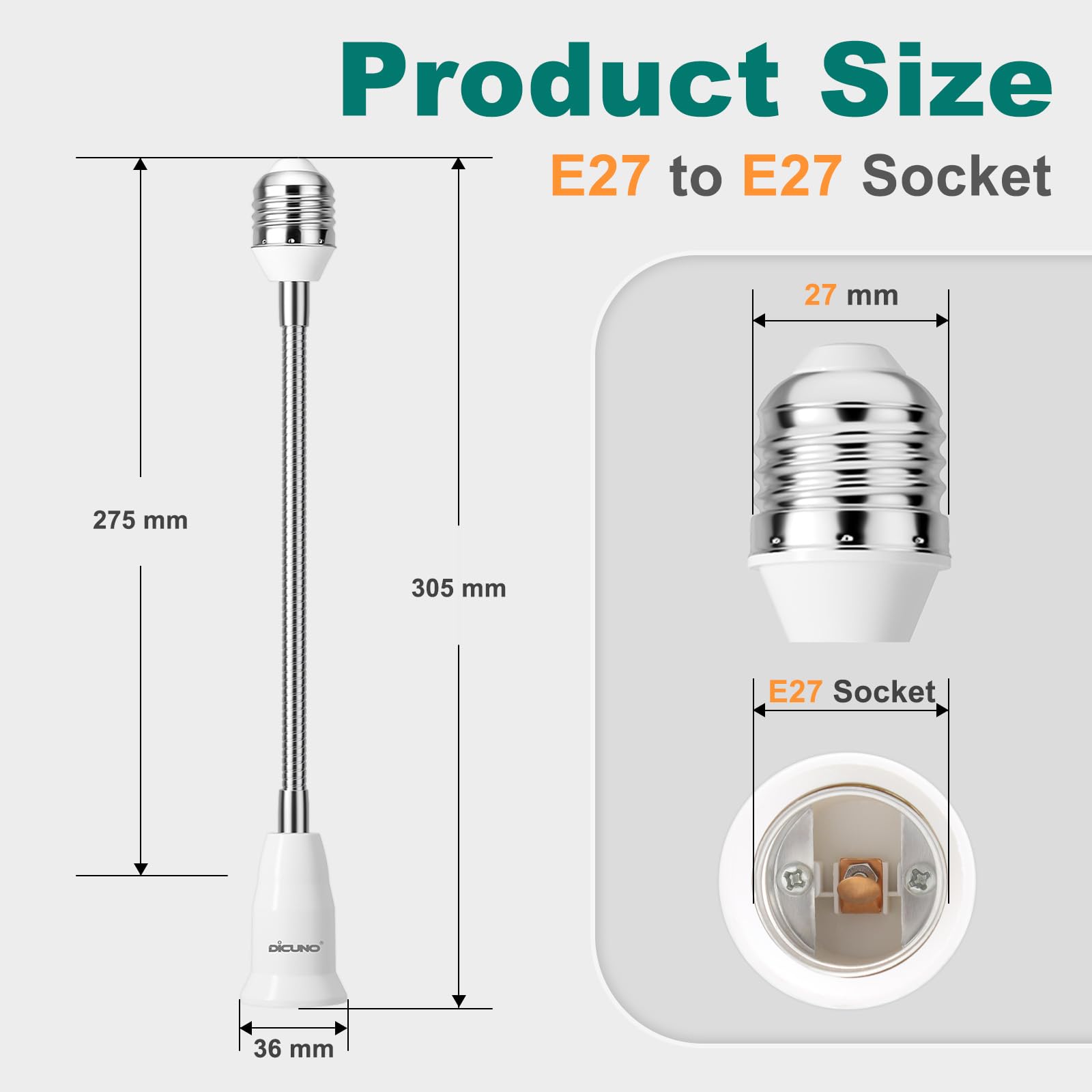 DiCUNO Przedłużka do Lamp E27, 27,5 cm, Adapter z Gwintem E27, Oprawka Lampy LED, Halogeny, CFL, 200 W, 250 V, 2 A, PBT i Aluminium, 2 Sztuki